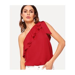 Red Self Tie One Shoulder Ruffle Foldover Top